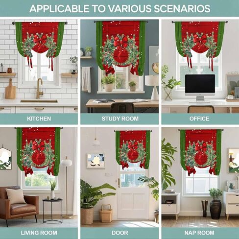 Christmas Wreath Tie Up Curtains for Window, Red Green Botanical Vintage Wooden Thermal Insulated Balloon Shade Adjustable Rod Pocket Curtains Valance Panels for Kitchen Bathroom Café 52'' x 63'' in Saudi Arabia