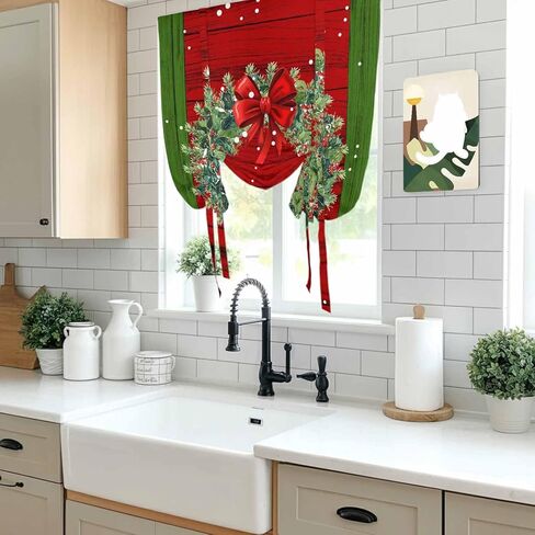 Christmas Wreath Tie Up Curtains for Window, Red Green Botanical Vintage Wooden Thermal Insulated Balloon Shade Adjustable Rod Pocket Curtains Valance Panels for Kitchen Bathroom Café 52'' x 63'' in Saudi Arabia