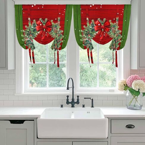 Christmas Wreath Tie Up Curtains for Window, Red Green Botanical Vintage Wooden Thermal Insulated Balloon Shade Adjustable Rod Pocket Curtains Valance Panels for Kitchen Bathroom Café 52'' x 63'' in Saudi Arabia