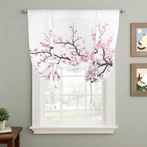 Pink Cherry Blossom Tie Up Curtains for Window, Spring Branches Floral Watercolor Thermal Insulated Balloon Shade Adjustable Rod Pocket Curtains Valance Panels for Kitchen Bathroom Café 42'' x 63'' in Kuwait