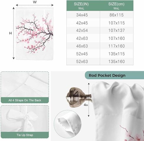 Pink Cherry Blossom Tie Up Curtains for Window, Spring Branches Floral Watercolor Thermal Insulated Balloon Shade Adjustable Rod Pocket Curtains Valance Panels for Kitchen Bathroom Café 42'' x 63'' in Kuwait