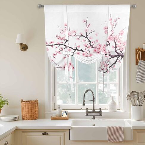 Pink Cherry Blossom Tie Up Curtains for Window, Spring Branches Floral Watercolor Thermal Insulated Balloon Shade Adjustable Rod Pocket Curtains Valance Panels for Kitchen Bathroom Café 42'' x 63'' in Kuwait