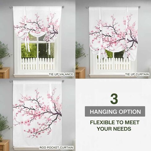 Pink Cherry Blossom Tie Up Curtains for Window, Spring Branches Floral Watercolor Thermal Insulated Balloon Shade Adjustable Rod Pocket Curtains Valance Panels for Kitchen Bathroom Café 42'' x 63'' in Kuwait