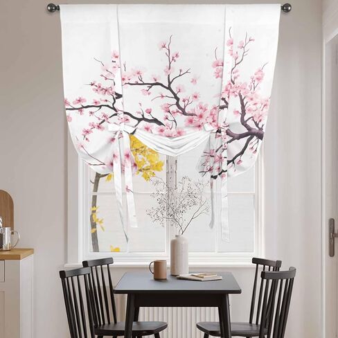 Pink Cherry Blossom Tie Up Curtains for Window, Spring Branches Floral Watercolor Thermal Insulated Balloon Shade Adjustable Rod Pocket Curtains Valance Panels for Kitchen Bathroom Café 42'' x 63'' in Kuwait