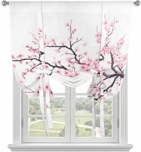 Pink Cherry Blossom Tie Up Curtains for Window, Spring Branches Floral Watercolor Thermal Insulated Balloon Shade Adjustable Rod Pocket Curtains Valance Panels for Kitchen Bathroom Café 42'' x 63'' in Kuwait