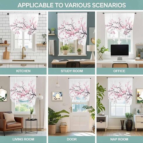 Pink Cherry Blossom Tie Up Curtains for Window, Spring Branches Floral Watercolor Thermal Insulated Balloon Shade Adjustable Rod Pocket Curtains Valance Panels for Kitchen Bathroom Café 42'' x 63'' in Kuwait