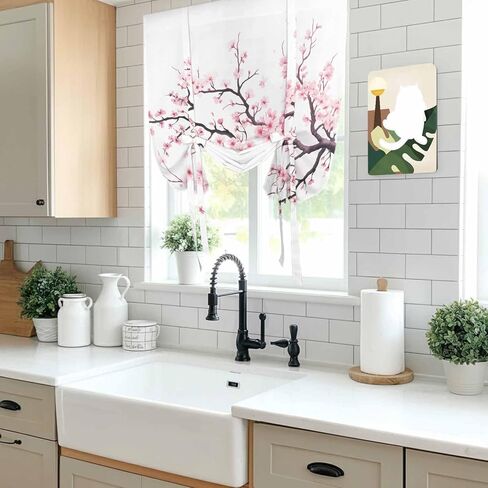 Pink Cherry Blossom Tie Up Curtains for Window, Spring Branches Floral Watercolor Thermal Insulated Balloon Shade Adjustable Rod Pocket Curtains Valance Panels for Kitchen Bathroom Café 42'' x 63'' in Kuwait