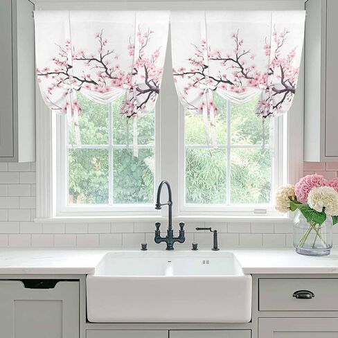 Pink Cherry Blossom Tie Up Curtains for Window, Spring Branches Floral Watercolor Thermal Insulated Balloon Shade Adjustable Rod Pocket Curtains Valance Panels for Kitchen Bathroom Café 42'' x 63'' in Kuwait