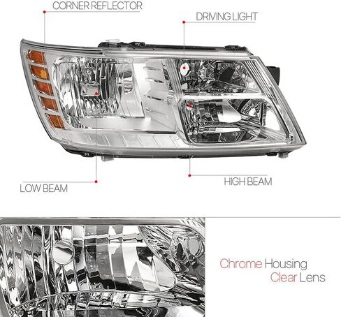 For 2009 2010 2011 2012 2013 2014 2015 2016 2017 2018 2019 2020 Journey Headlight Assembly Compatible with 2009-2018 Dodge Journey Clear Lens Chrome Housing Amber Reflector Headlamp Replacement in Kuwait