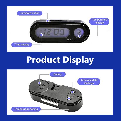 1PC Car Dashboard Digital Clock with Temperature Display, Blue Backlight LED, Adjustable Angle, 12/24H Format, Small Digital Clock for Car Dash, Universal for Most Cars(Black) in Kuwait