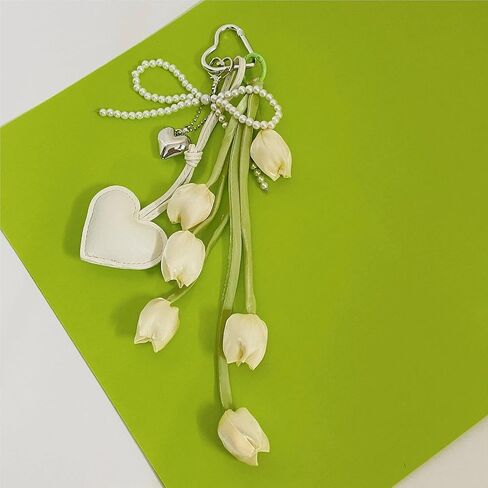 QTMY Cute Heart Bow Pearl Beaded Tulips Braided Keychain Bag Charms for Handbag Purse Backpack Accessories Bogg Bag,373 in Saudi Arabia