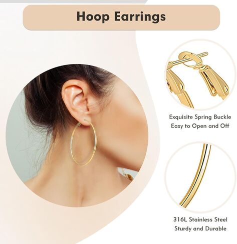 5 أزواج من الأقراط الذهبية للنساء، أقراط ذهبية مضادة للحساسية للنساء، مجموعة أقراط من الفولاذ المقاوم للصدأ، 30/40/50/60/70 ملم in Kuwait