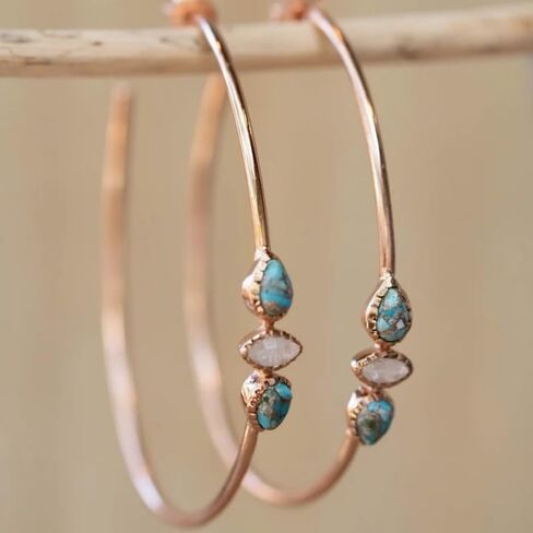 Retro Copper Synthesis Turquoise & Moonstone Rose Golden Handmade Boho *Modern* * Boho * Hoop Earrings in Saudi Arabia