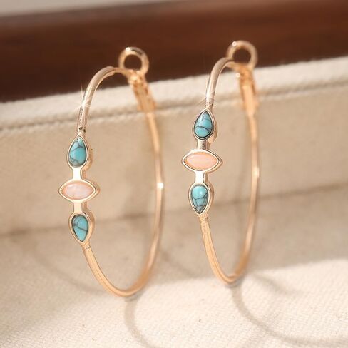 Retro Copper Synthesis Turquoise & Moonstone Rose Golden Handmade Boho *Modern* * Boho * Hoop Earrings in Saudi Arabia