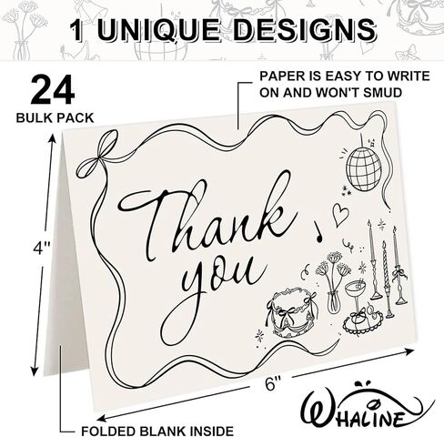 Whaline 24 Pack Wedding Thank You Cards Boxed Black Bow Cake Disco Ball Flower Thank You Greeting Note Cards Boxed with Envelope Sticker for Bridal Shower in Saudi Arabia