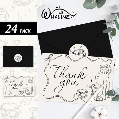 Whaline 24 Pack Wedding Thank You Cards Boxed Black Bow Cake Disco Ball Flower Thank You Greeting Note Cards Boxed with Envelope Sticker for Bridal Shower in Saudi Arabia