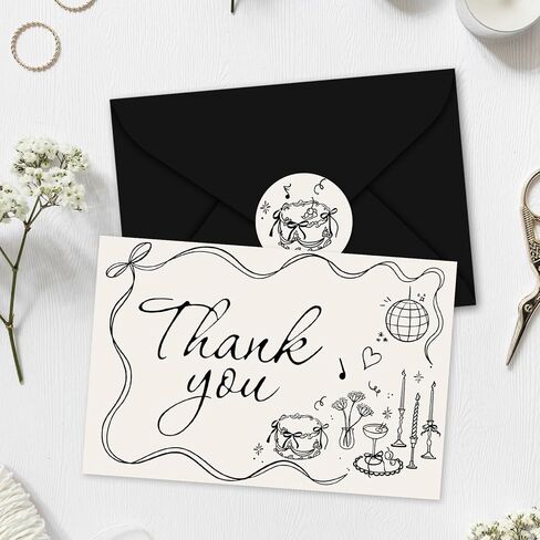 Whaline 24 Pack Wedding Thank You Cards Boxed Black Bow Cake Disco Ball Flower Thank You Greeting Note Cards Boxed with Envelope Sticker for Bridal Shower in Saudi Arabia