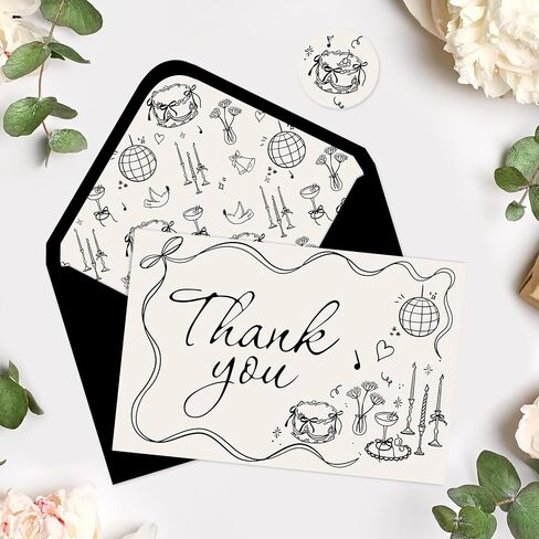 Whaline 24 Pack Wedding Thank You Cards Boxed Black Bow Cake Disco Ball Flower Thank You Greeting Note Cards Boxed with Envelope Sticker for Bridal Shower in Saudi Arabia