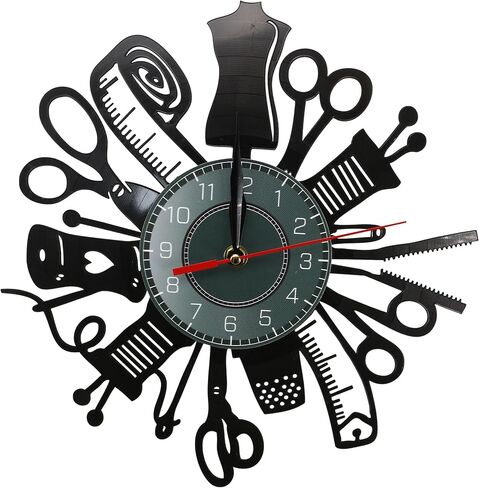 Sewing Machine Wall Clock 12 Inch Vinyl Record Retro Style Silent Non Ticking Quartz Battery Operated Quilting Tools Decorative Clock for Sewing Room Tailor Seamstress Home Kitchen Office Decor Gift in Kuwait