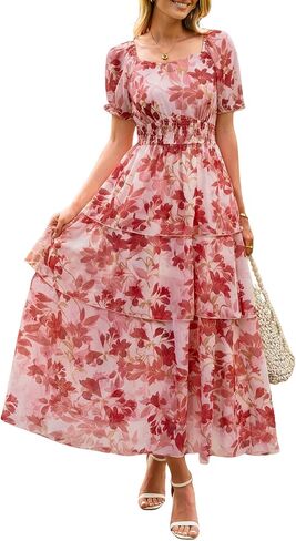 Simplee Womens Puff Short Sleeve Maxi Dress 2026 Summer Floral Ruffle Tiered Flowy Long Party Wedding Guest Dresses in Kuwait