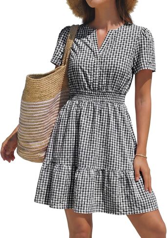 popvil Women Summer Mini Gingham Dress 2026 Spring A Line Casual Sun Dress Short Sleeve Beach Vacation V Neck Short Dress in Kuwait