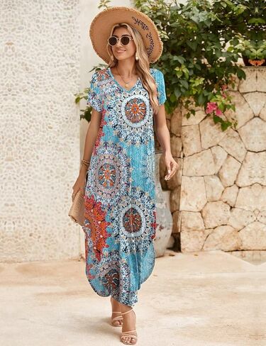 JollieLovin Womens Plus Size Casual Summer Maxi Long Dress Short Sleeve T-Shirt Loose Sun Dress(L-5X) in Saudi Arabia