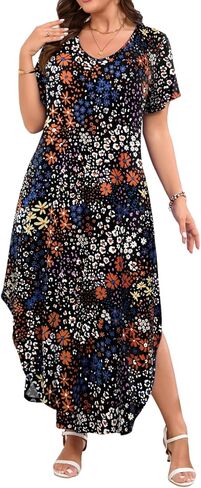 JollieLovin Womens Plus Size Casual Summer Maxi Long Dress Short Sleeve T-Shirt Loose Sun Dress(L-5X) in Saudi Arabia