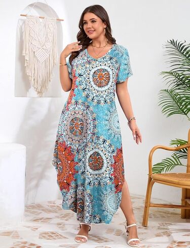 JollieLovin Womens Plus Size Casual Summer Maxi Long Dress Short Sleeve T-Shirt Loose Sun Dress(L-5X) in Saudi Arabia