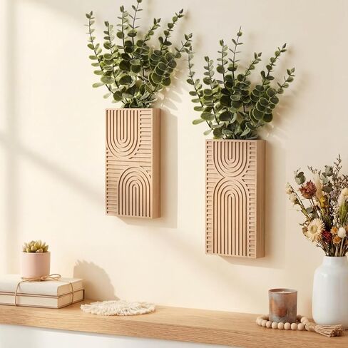2 Pack Modern Farmhouse Wall Decor Wood Planter Vase with Artificial Eucalyptus Farmhouse Bohemian Hanging Wall Decor for Bathroom Dinning Room Living Room Hallway Bedroom(White) in Saudi Arabia