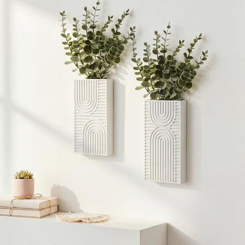 2 Pack Modern Farmhouse Wall Decor Wood Planter Vase with Artificial Eucalyptus Farmhouse Bohemian Hanging Wall Decor for Bathroom Dinning Room Living Room Hallway Bedroom(White) in Saudi Arabia