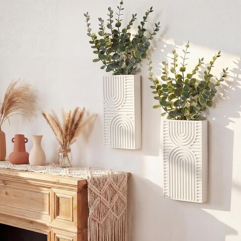 2 Pack Modern Farmhouse Wall Decor Wood Planter Vase with Artificial Eucalyptus Farmhouse Bohemian Hanging Wall Decor for Bathroom Dinning Room Living Room Hallway Bedroom(White) in Saudi Arabia