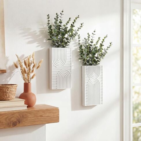 2 Pack Modern Farmhouse Wall Decor Wood Planter Vase with Artificial Eucalyptus Farmhouse Bohemian Hanging Wall Decor for Bathroom Dinning Room Living Room Hallway Bedroom(White) in Saudi Arabia
