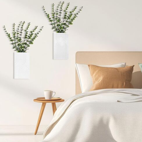 2 Pack Modern Farmhouse Wall Decor Wood Planter Vase with Artificial Eucalyptus Farmhouse Bohemian Hanging Wall Decor for Bathroom Dinning Room Living Room Hallway Bedroom(White) in Saudi Arabia