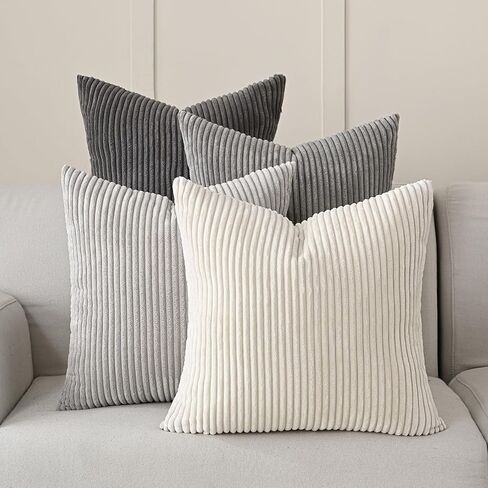 Volcanics Set of 4 Neutral Grey Corduroy Decorative Couch Throw Pillow Covers 18x18 Inch, Western Modern Farmhouse Striped Cushion Cases, Soft Boho Square Accent Pillow Covers for Home Sofa in Kuwait