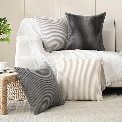 Volcanics Set of 4 Neutral Grey Corduroy Decorative Couch Throw Pillow Covers 18x18 Inch, Western Modern Farmhouse Striped Cushion Cases, Soft Boho Square Accent Pillow Covers for Home Sofa in Kuwait
