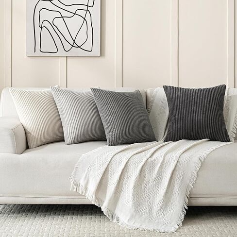 Volcanics Set of 4 Neutral Grey Corduroy Decorative Couch Throw Pillow Covers 18x18 Inch, Western Modern Farmhouse Striped Cushion Cases, Soft Boho Square Accent Pillow Covers for Home Sofa in Kuwait