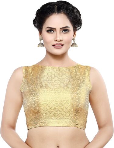 Women Golden Brocade Sleeveless Readymade Saree Blouse (Gold, 32 (Gold,32) in Kuwait