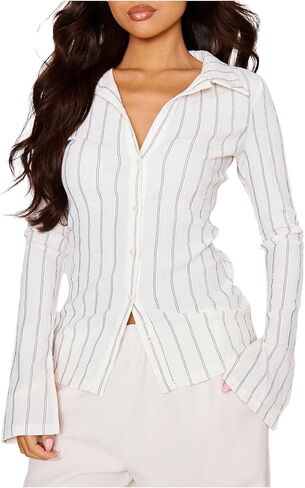 MakeMeChic Women's Work Office Striped Button Down Shirt Bell Sleeve Dressy Blouse Tops in Saudi Arabia
