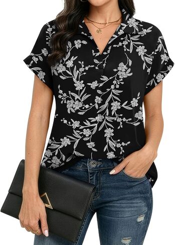 Askyes Women's V Neck Drop Short Sleeve Summer Blouses Chiffon Dressy Casual Work Shirts Tops in Kuwait