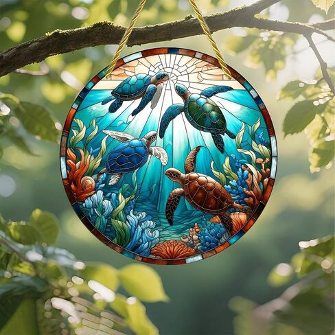 Colorful Acrylic Suncatcher, Sea Turtles Stained Glass Window 7-inch Hanging Window Wall Art Decor with Printed Stained Glass Style Design, Gift Idea & Garden Ornament Indoor Outdoor Use in Saudi Arabia