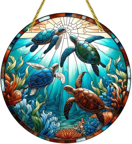 Colorful Acrylic Suncatcher, Sea Turtles Stained Glass Window 7-inch Hanging Window Wall Art Decor with Printed Stained Glass Style Design, Gift Idea & Garden Ornament Indoor Outdoor Use in Saudi Arabia
