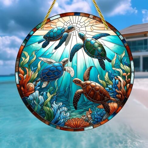 Colorful Acrylic Suncatcher, Sea Turtles Stained Glass Window 7-inch Hanging Window Wall Art Decor with Printed Stained Glass Style Design, Gift Idea & Garden Ornament Indoor Outdoor Use in Saudi Arabia