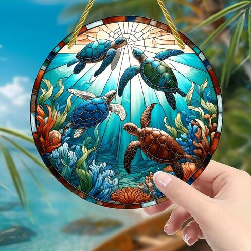 Colorful Acrylic Suncatcher, Sea Turtles Stained Glass Window 7-inch Hanging Window Wall Art Decor with Printed Stained Glass Style Design, Gift Idea & Garden Ornament Indoor Outdoor Use in Saudi Arabia