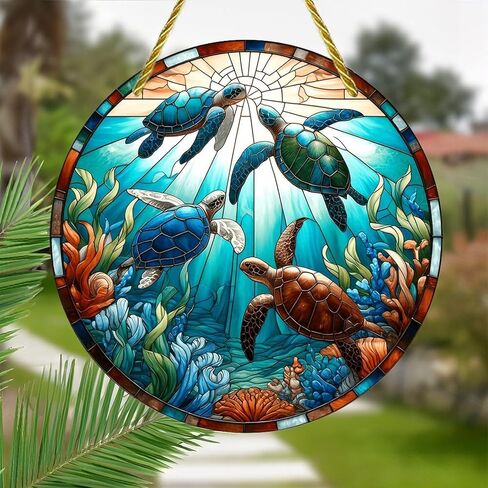Colorful Acrylic Suncatcher, Sea Turtles Stained Glass Window 7-inch Hanging Window Wall Art Decor with Printed Stained Glass Style Design, Gift Idea & Garden Ornament Indoor Outdoor Use in Saudi Arabia