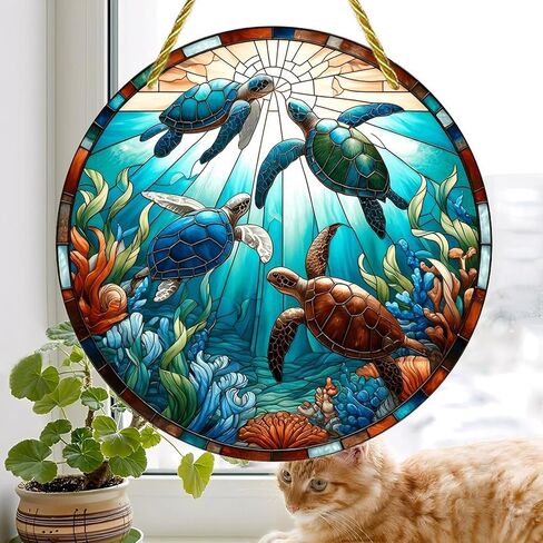 Colorful Acrylic Suncatcher, Sea Turtles Stained Glass Window 7-inch Hanging Window Wall Art Decor with Printed Stained Glass Style Design, Gift Idea & Garden Ornament Indoor Outdoor Use in Saudi Arabia