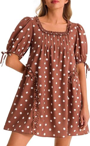 فساتين Wenrine النسائية بيبي دول صغيرة كاجوال منقط بأكمام قصيرة ورقبة مربعة كبيرة الحجم فستان صيفي لطيف مع جيوب in Kuwait