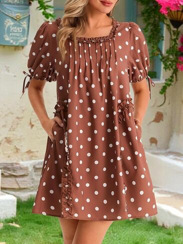 Wenrine Womens Babydoll Mini Dresses Casual Polka Dot Short Sleeve Square Neck Oversized Cute Summer Dress with Pockets in Saudi Arabia
