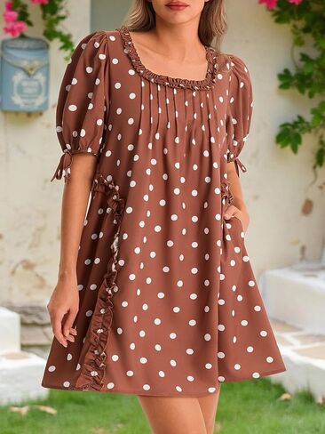 Wenrine Womens Babydoll Mini Dresses Casual Polka Dot Short Sleeve Square Neck Oversized Cute Summer Dress with Pockets in Saudi Arabia