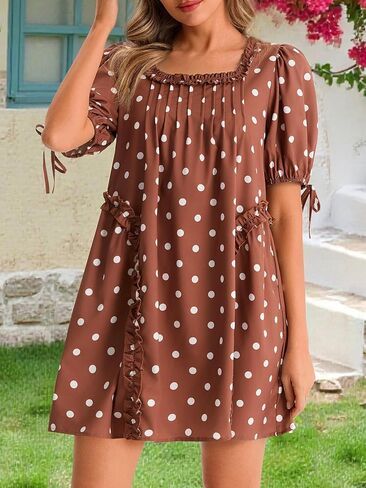 Wenrine Womens Babydoll Mini Dresses Casual Polka Dot Short Sleeve Square Neck Oversized Cute Summer Dress with Pockets in Saudi Arabia