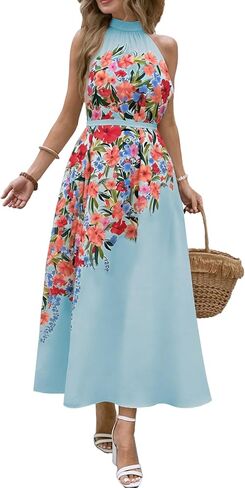 Womens Summer Floral Maxi Dress Halter Neck Sleeveless Sundresses Beach Vacation Wedding Guest Flowy Long Dresses with Belt in Saudi Arabia